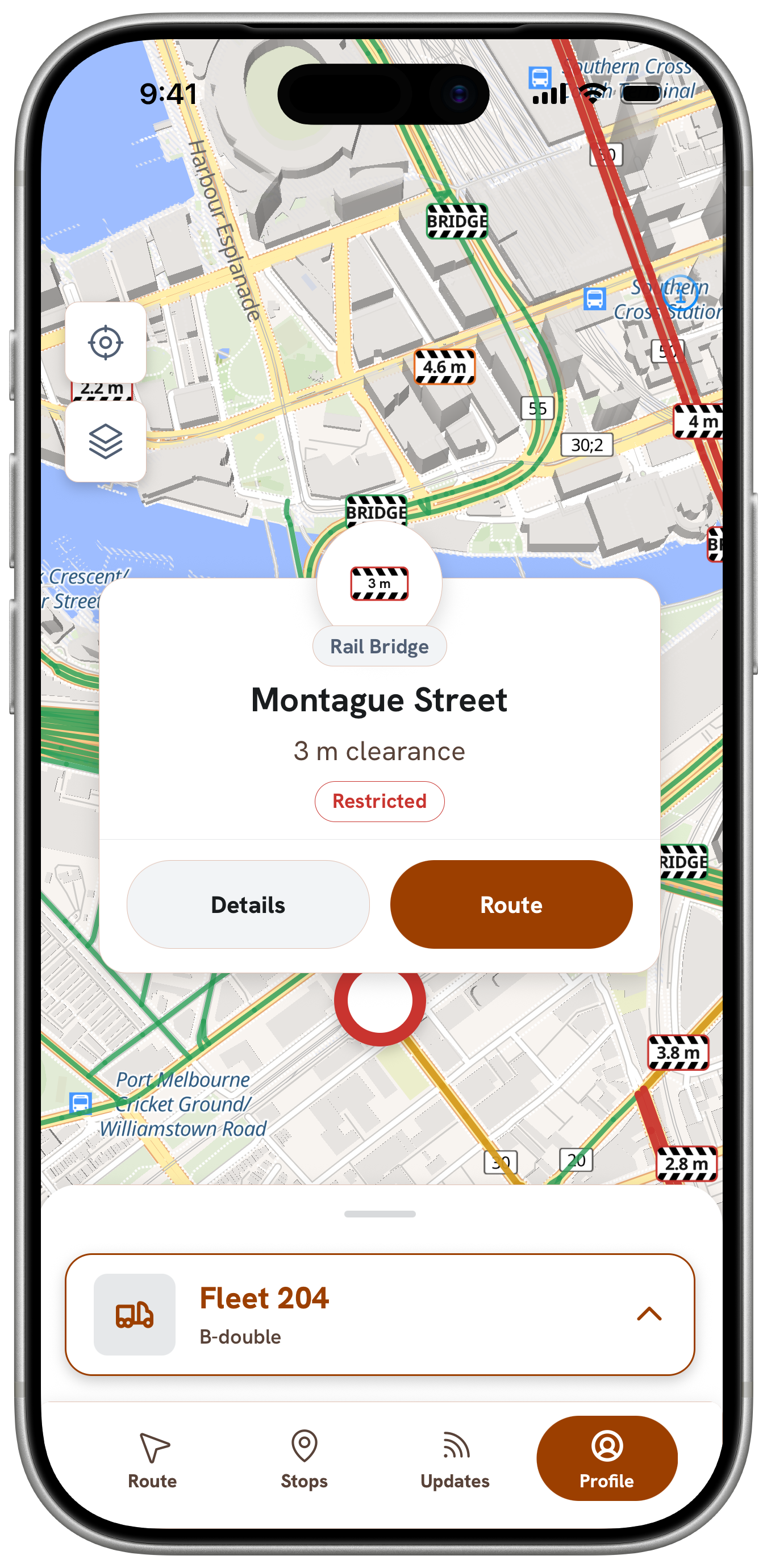 PadRoute showing the 3 m clearance at Montague Street bridge on iPhone